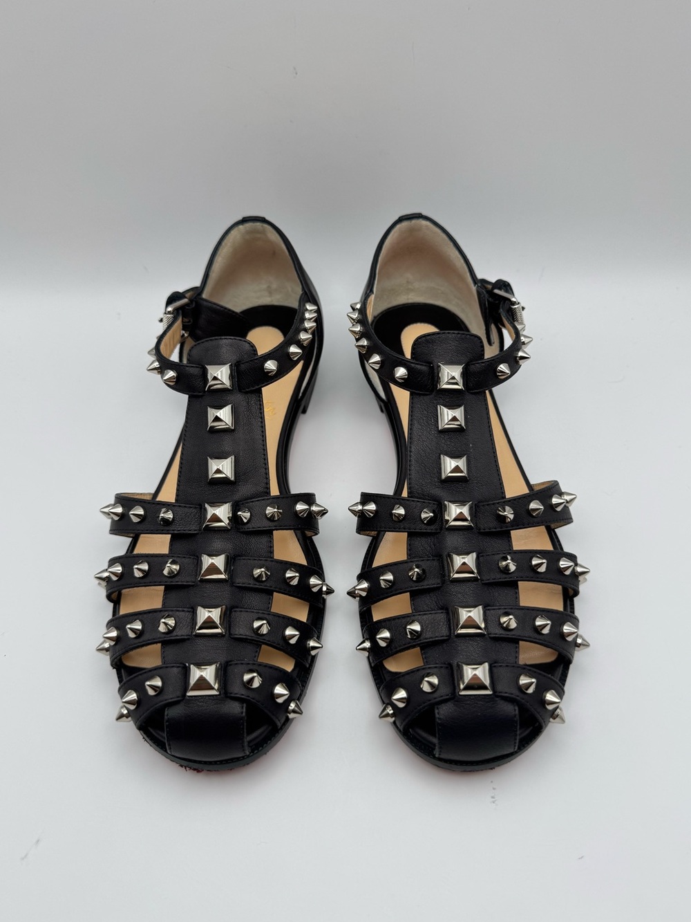 Christian Louboutin Loubiclou Flat Calf Studded Sandals Black Silver EU 37